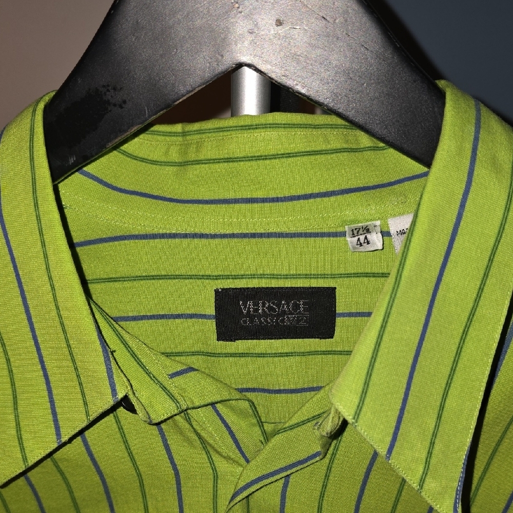 Versace Green Casual Button Down Shirt with Pinstripes